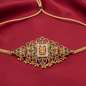 Temple-Inspired Gold Choker Set With Intricate Lakshmi Motif & Jhumka Earrings