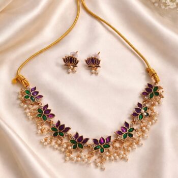 🌸 Elegant Purple and Green Lotus Pearl Necklace